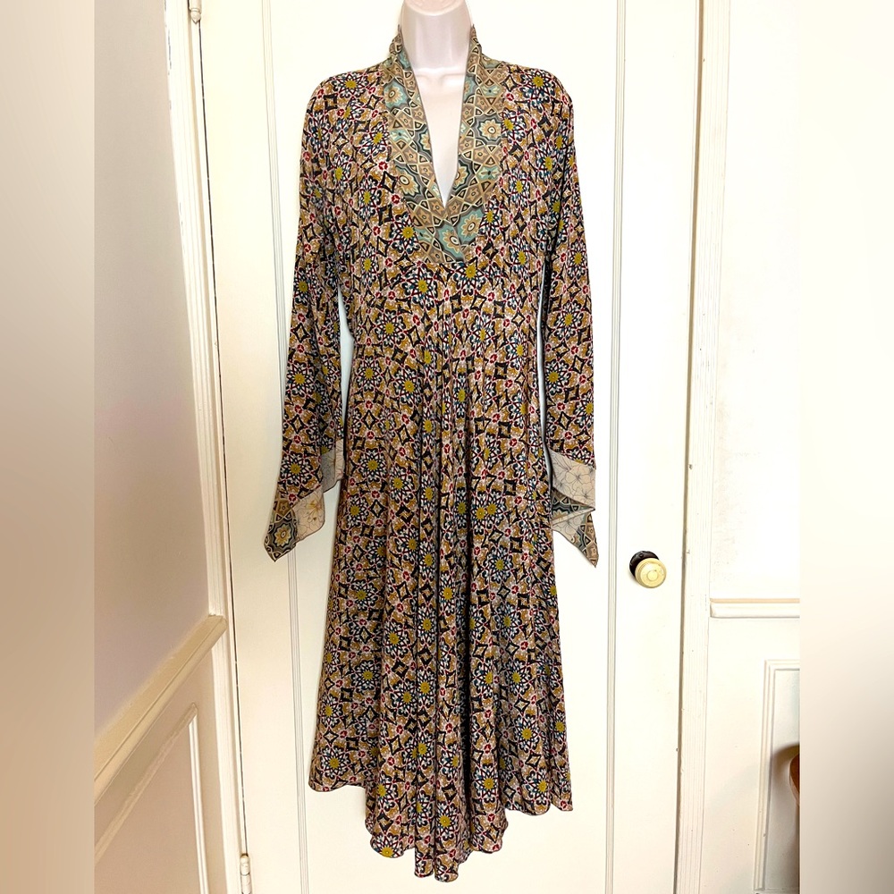 Johnny Was Biya Mixed Print Silk Dress with Pointed Sleeves